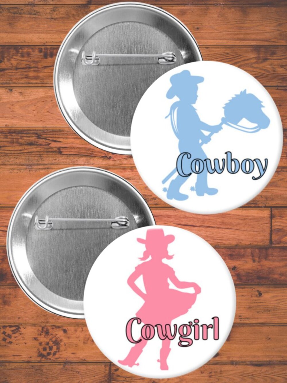 Cowboy Cowgirl Gender Reveal Party Favors, Pin Back Buttons, Baby Shower